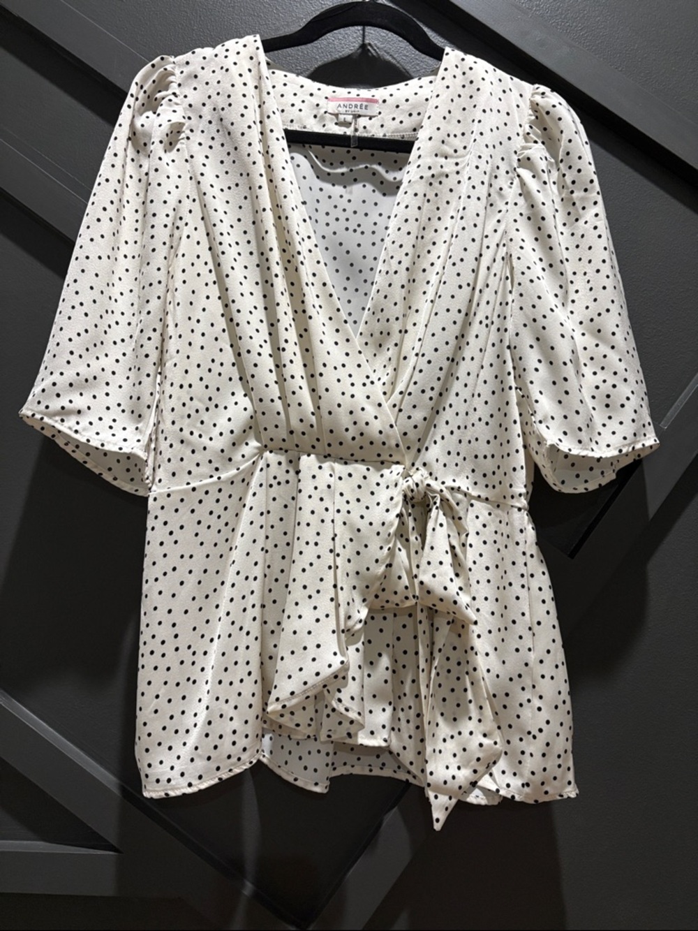 Andrée by Unit White Black Polka Dot Faux Wrap Blouse